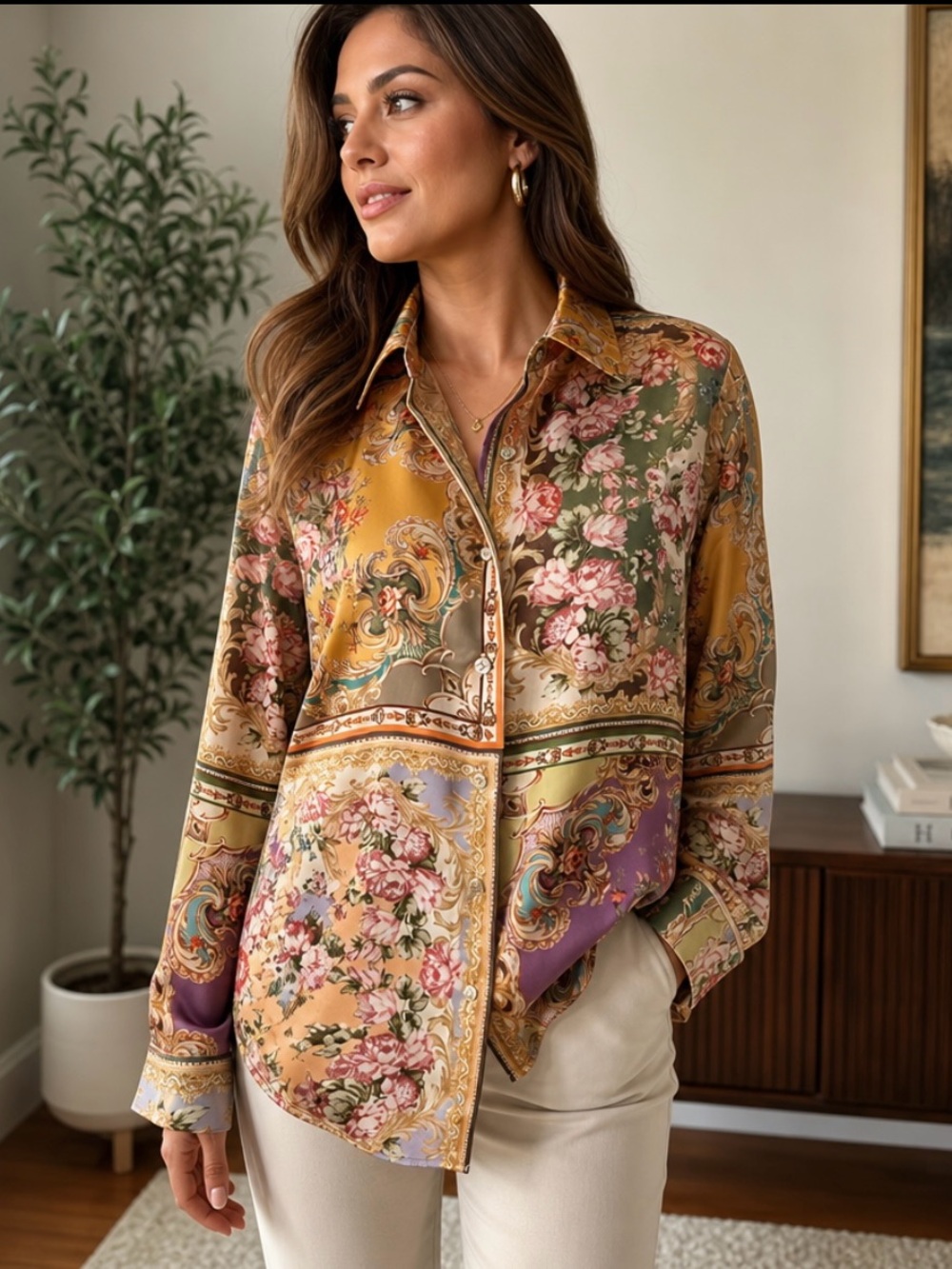 New Floral Baroque Button-Up Blouse in multi color, Pattern. Size L
